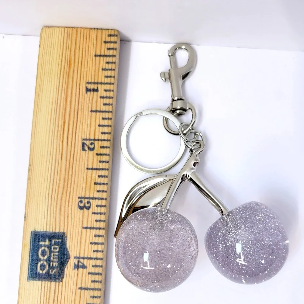 Bag Charm Keychain Glitter Resin Double Cherry Silver Womens Blossom Fairycore